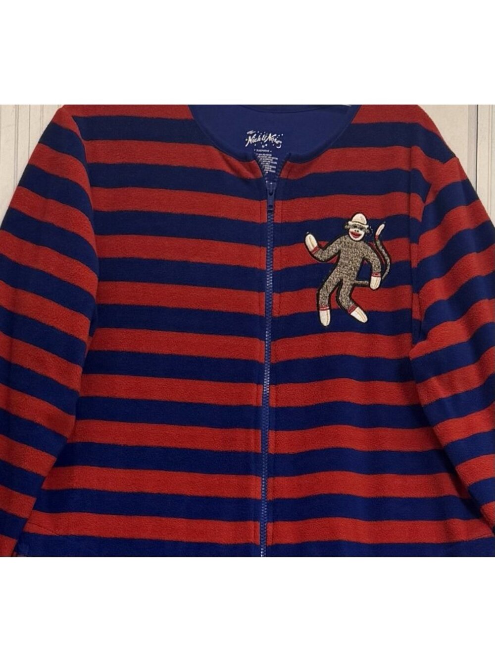 Nick & Nora Adult One Piece Footed Pajamas Sock Monkey Red Stripes Zip Up M